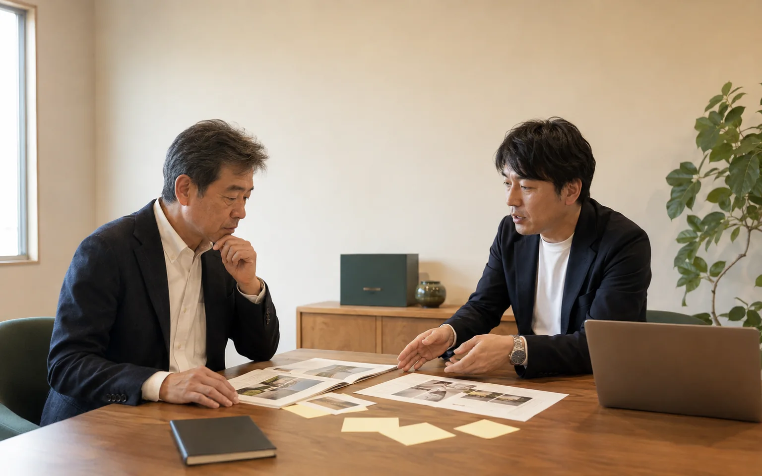 会社資料と製品写真を囲んでホームページ制作の目的と未決定事項を相談する日本の中小企業経営者と制作担当者