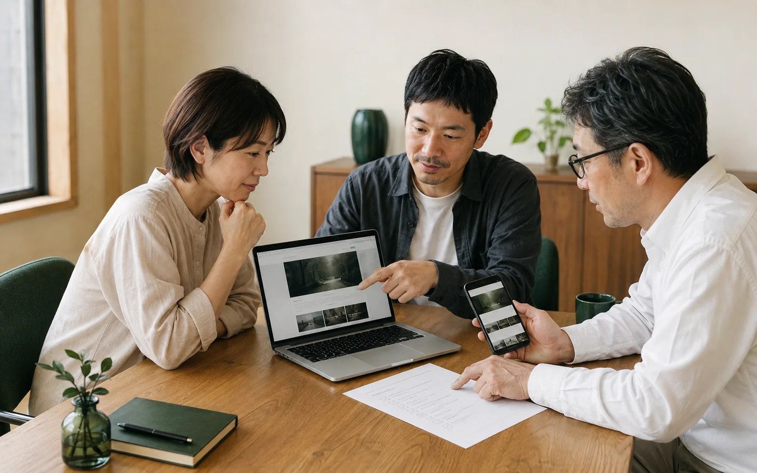 パソコンとスマートフォンで公開前のホームページを確認する日本の中小企業担当者と制作担当者