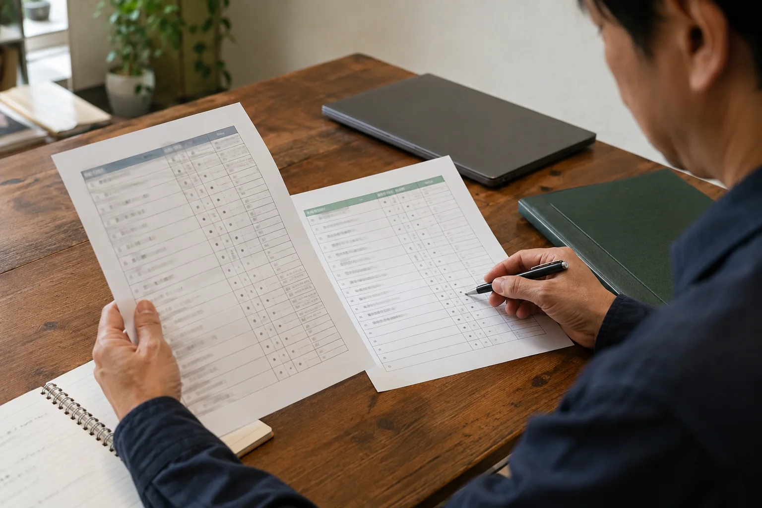 二つの作業範囲表を机に並べ、ペンで確認する担当者