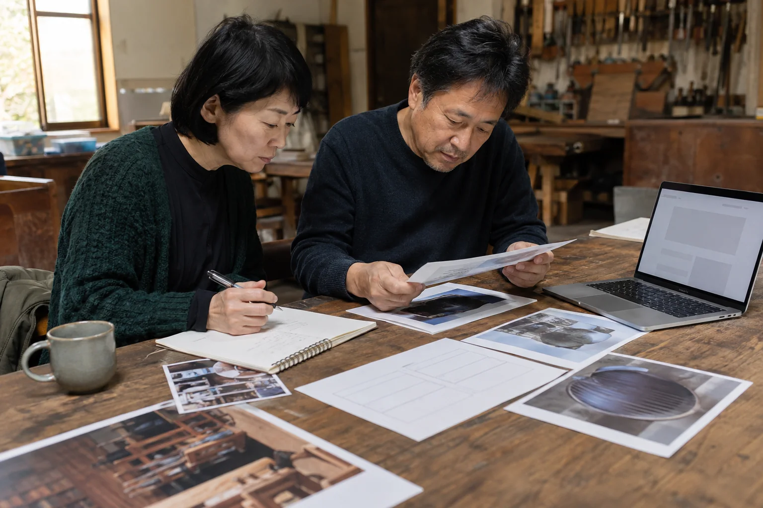 仕事の写真とページ構成案を並べ、必要な説明をノートに整理する二人