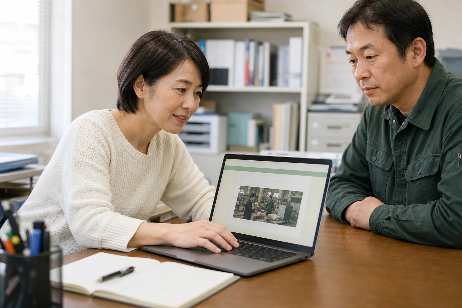 会社のお知らせ画面をノートパソコンで操作し、同僚と確認する事務担当者