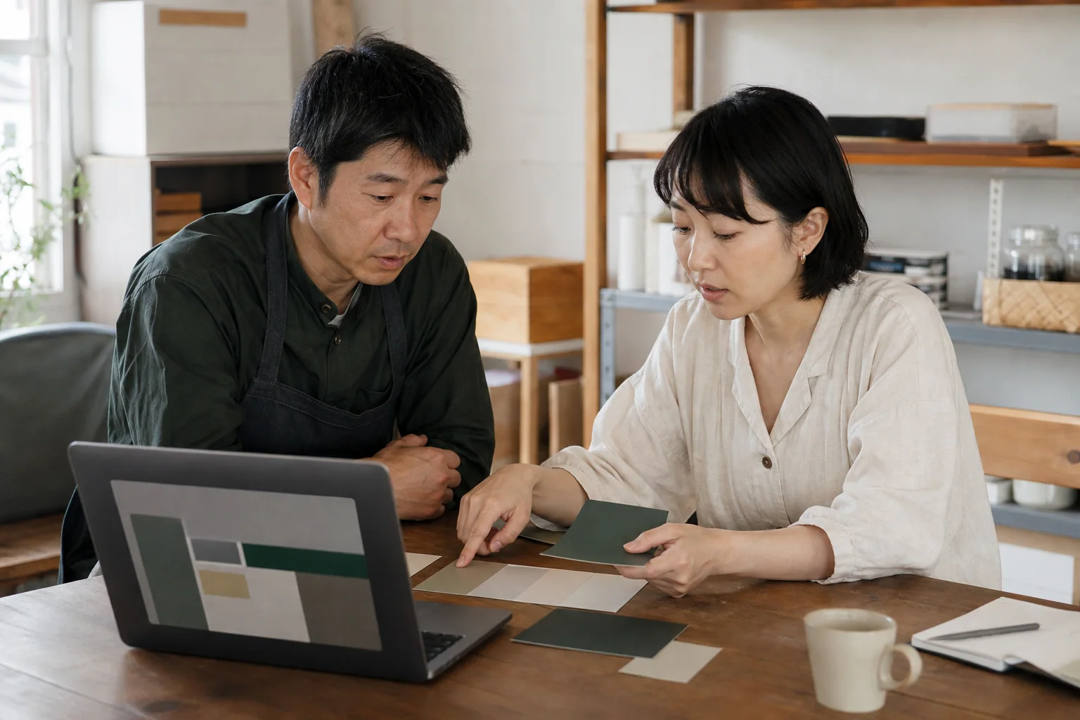 事業者と制作者がノートパソコンと色見本を見ながらホームページの配色を確認する様子