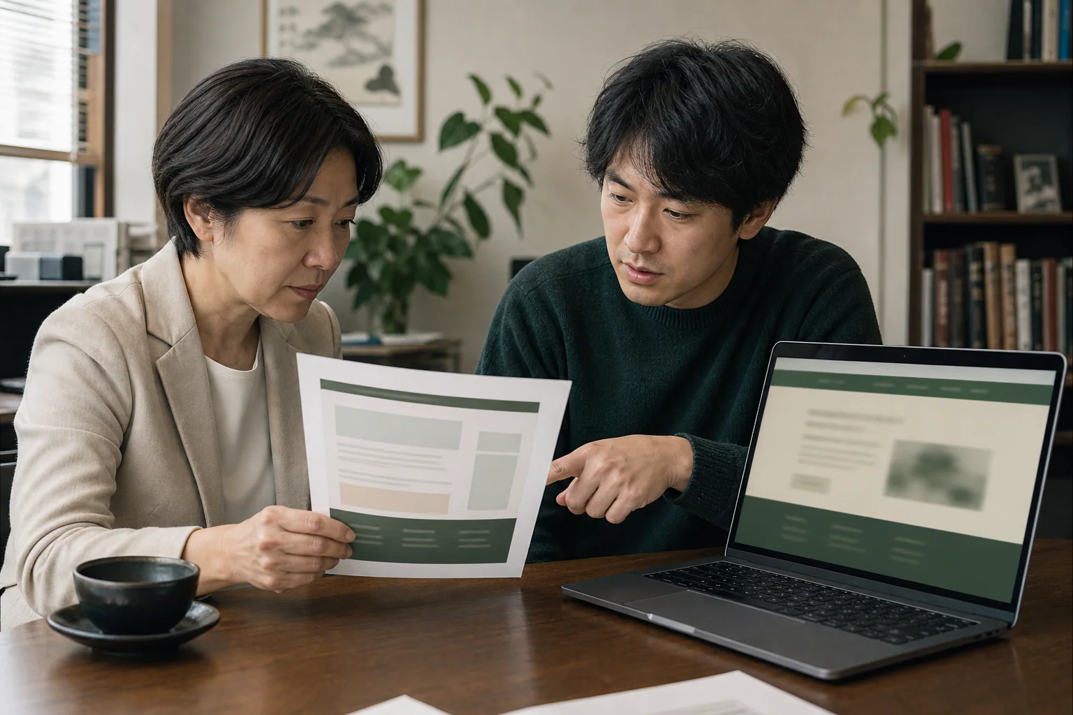 事業者と制作者がノートパソコンを見ながらホームページの情報構造を確認する様子