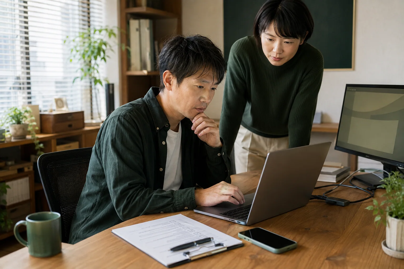 日本の制作者二人がノートパソコンとスマートフォンと確認表を使って公開前の検証を行う様子