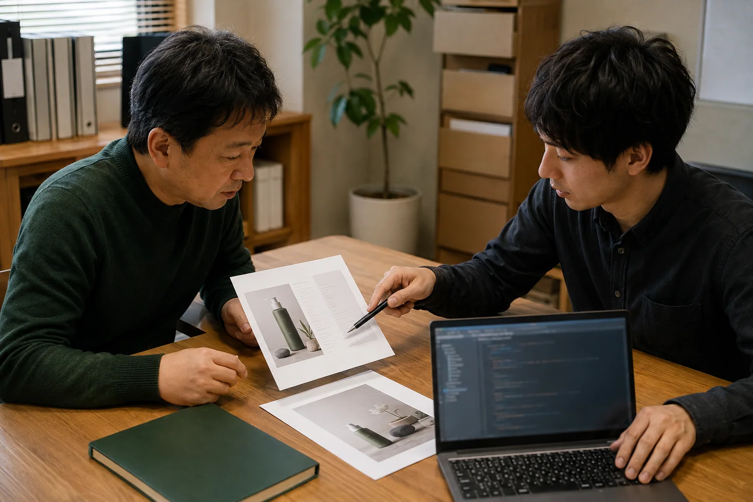 日本の中小企業担当者と制作者が商品資料とノートパソコンを見比べて掲載情報を確認する様子