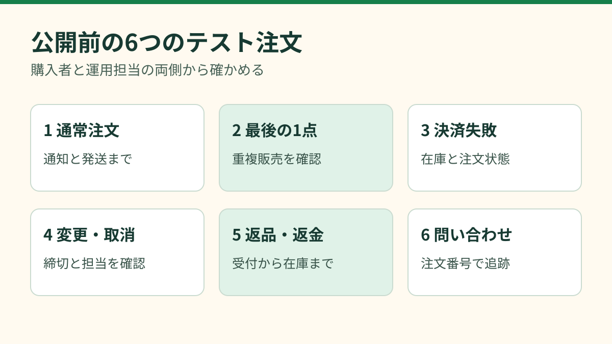 通常注文、最後の1点、決済失敗、変更・取消、返品・返金、問い合わせの6つのテスト注文を示す図