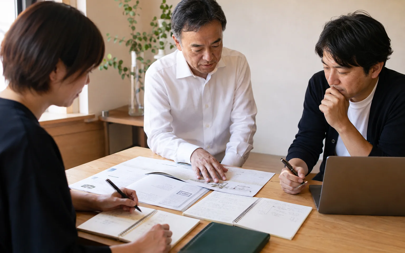 会社資料とノートパソコンを囲んでホームページ制作会社の比較条件を整理する日本の中小企業経営者と制作担当者