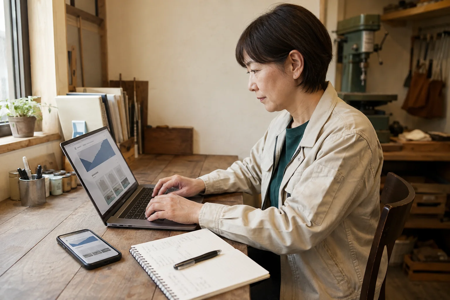 工房の机で会社紹介を編集し、スマートフォン表示も確かめる担当者
