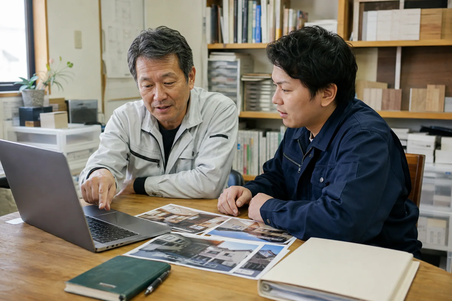 日本の小規模リフォーム会社で二人の担当者がパソコンと施工写真を見ながら掲載内容を確認する様子