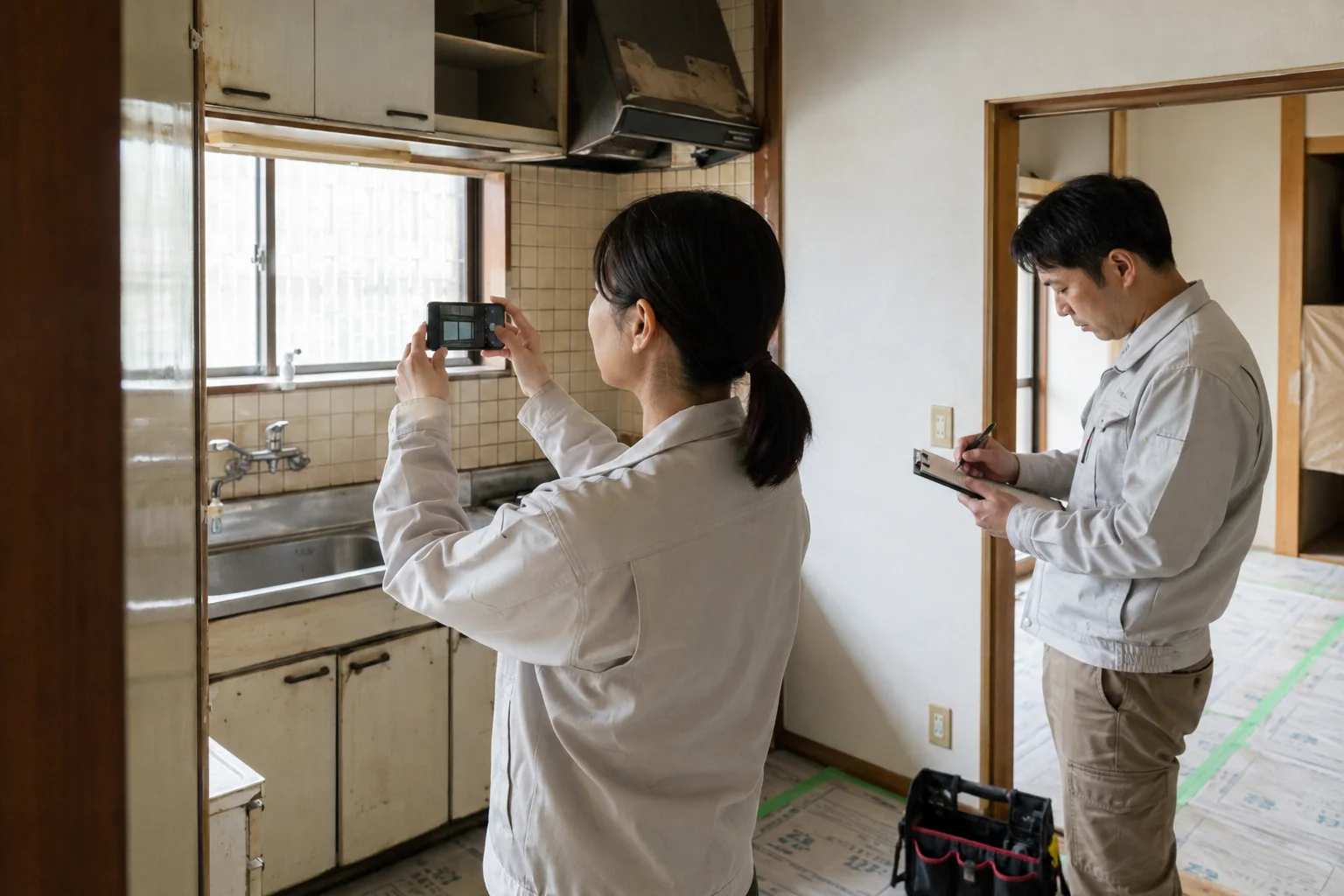 日本の住宅リフォーム現場で担当者が既存キッチンを撮影し別の担当者が寸法と状態を記録する様子