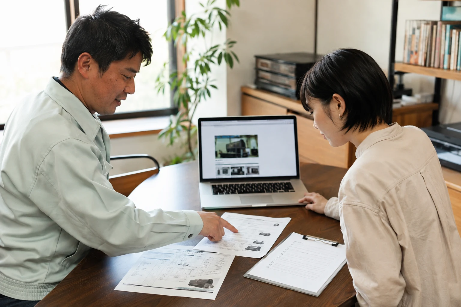 担当者と編集者がパソコンの原稿を資料と照らして公開前に確認している様子