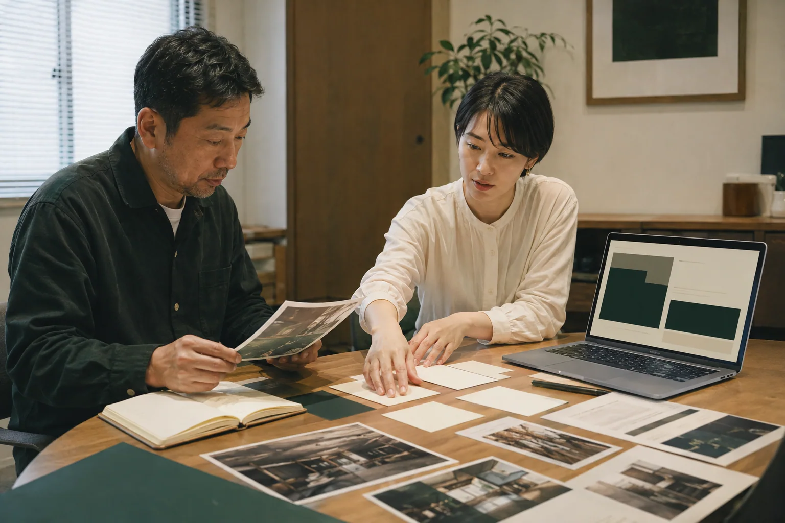 会社の写真と情報カードを机に並べてホームページの内容を整理する事業者と制作者