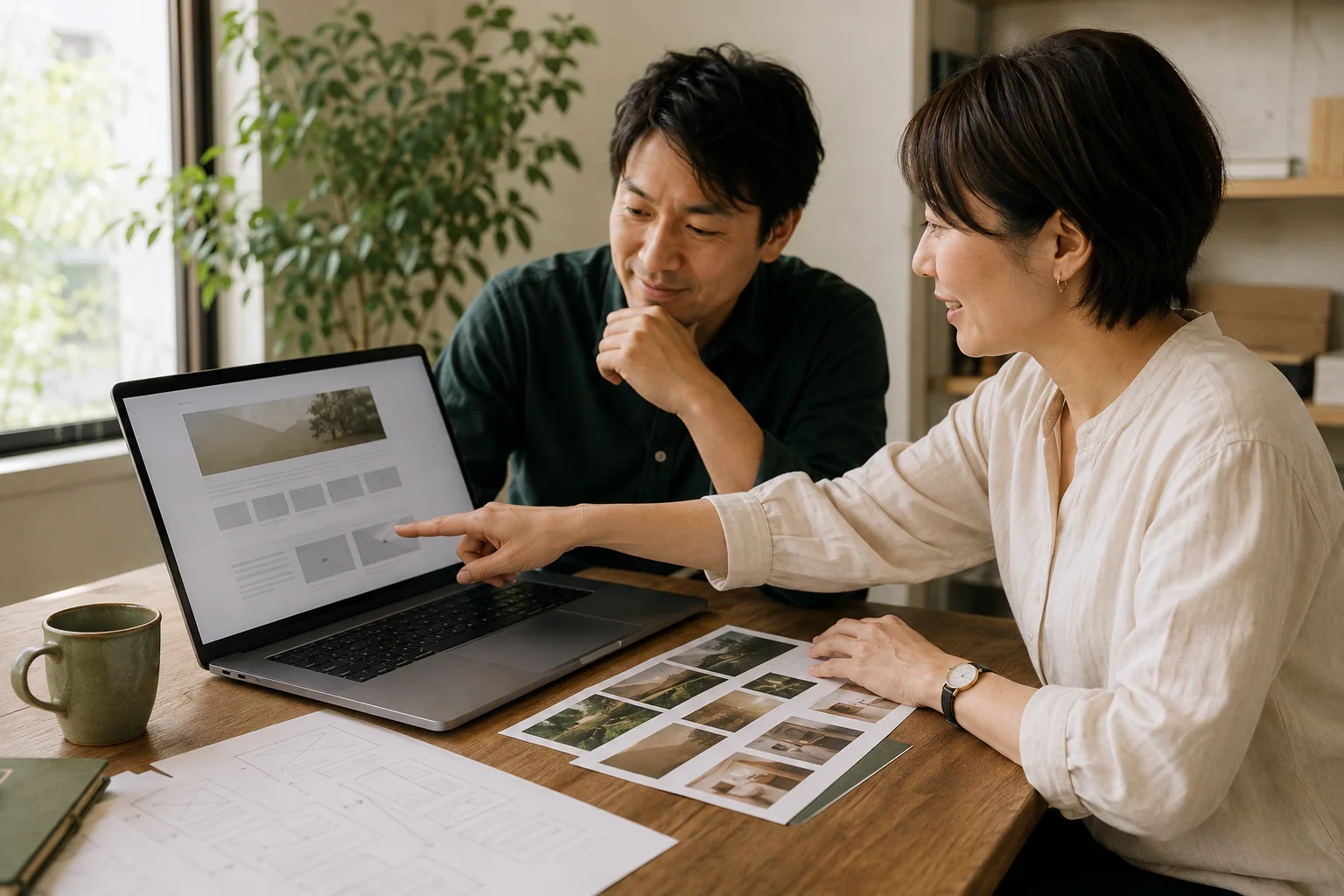ノートパソコンと紙のページ構成を見比べながら情報の順番を確認する事業者と制作者
