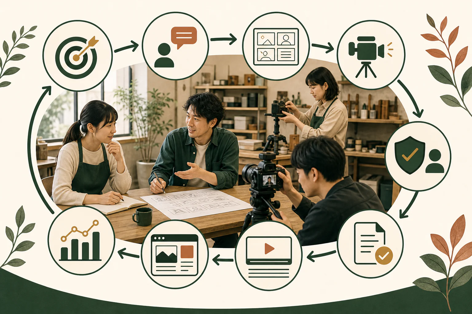 目的と視聴者を決め、企画、撮影、権利確認、字幕、公開、改善へ進む動画制作の流れ