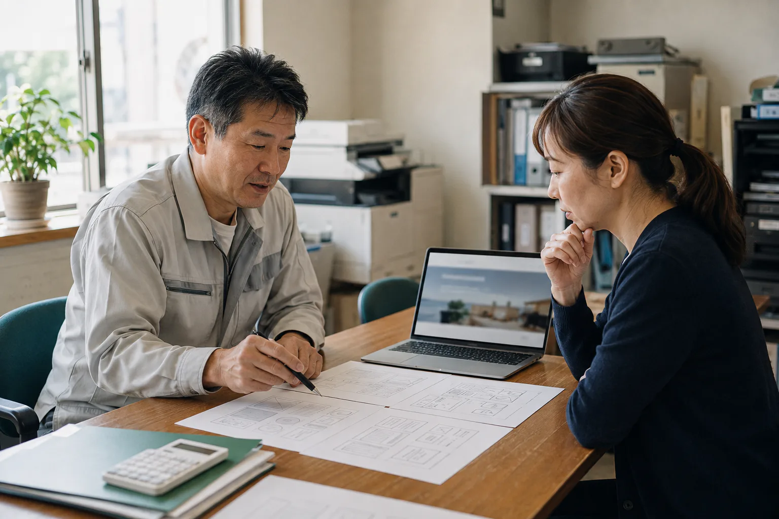 小さな会社の担当者がLPで試す事業内容と条件を資料で確認する様子