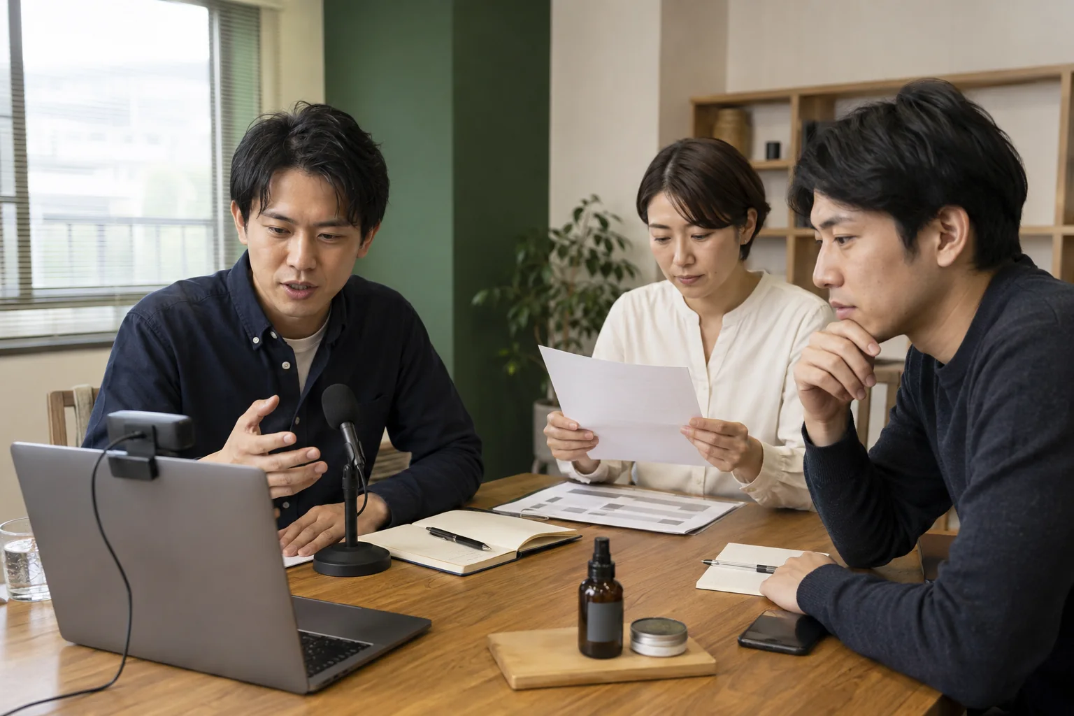 日本の小規模事業者がWebセミナーの進行表と配信機材を確認する様子