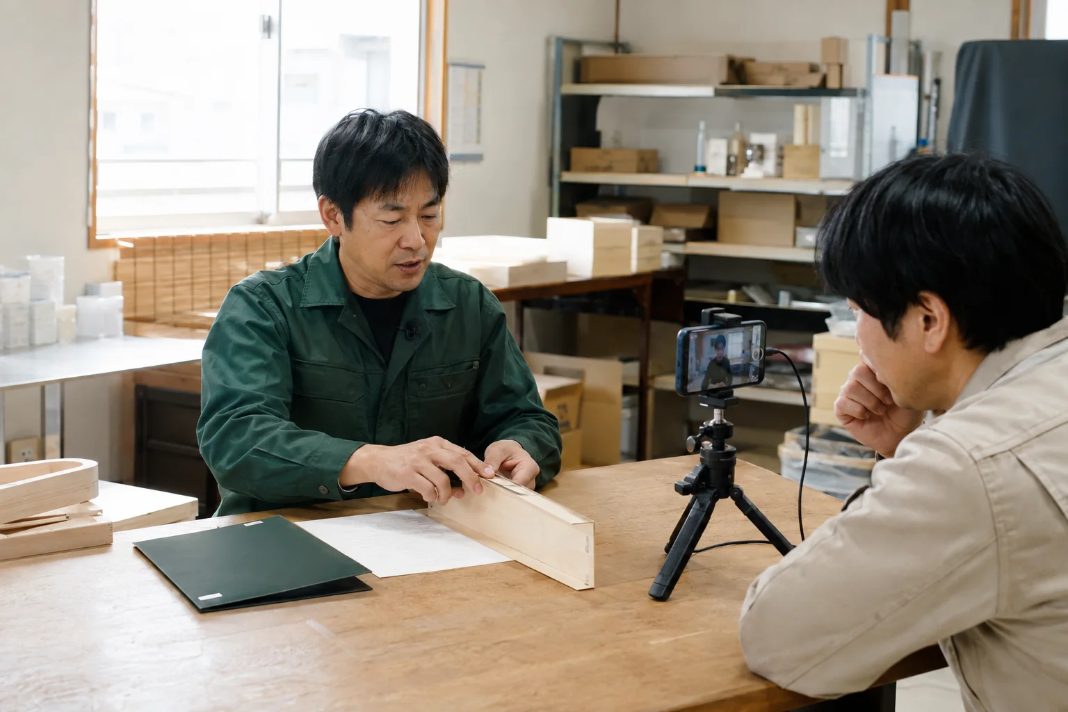 日本の小規模事業者が普通の仕事場でスマートフォンを使って説明動画を撮影する様子