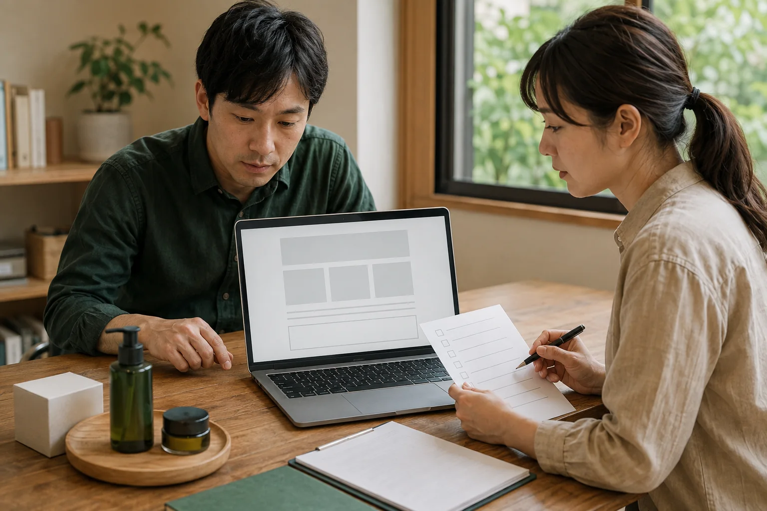 日本の中小企業の担当者が提携先の掲載ページと確認項目を見直す様子