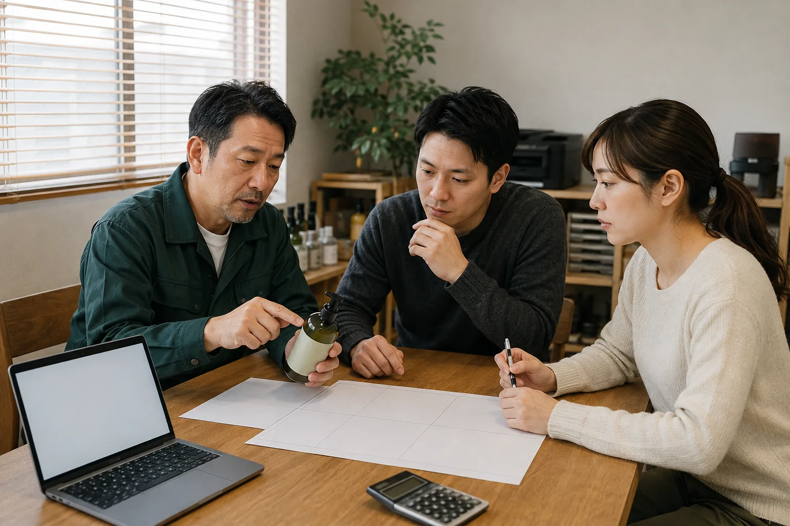 日本の中小企業の担当者が商品を確認しながら提携条件を話し合う様子