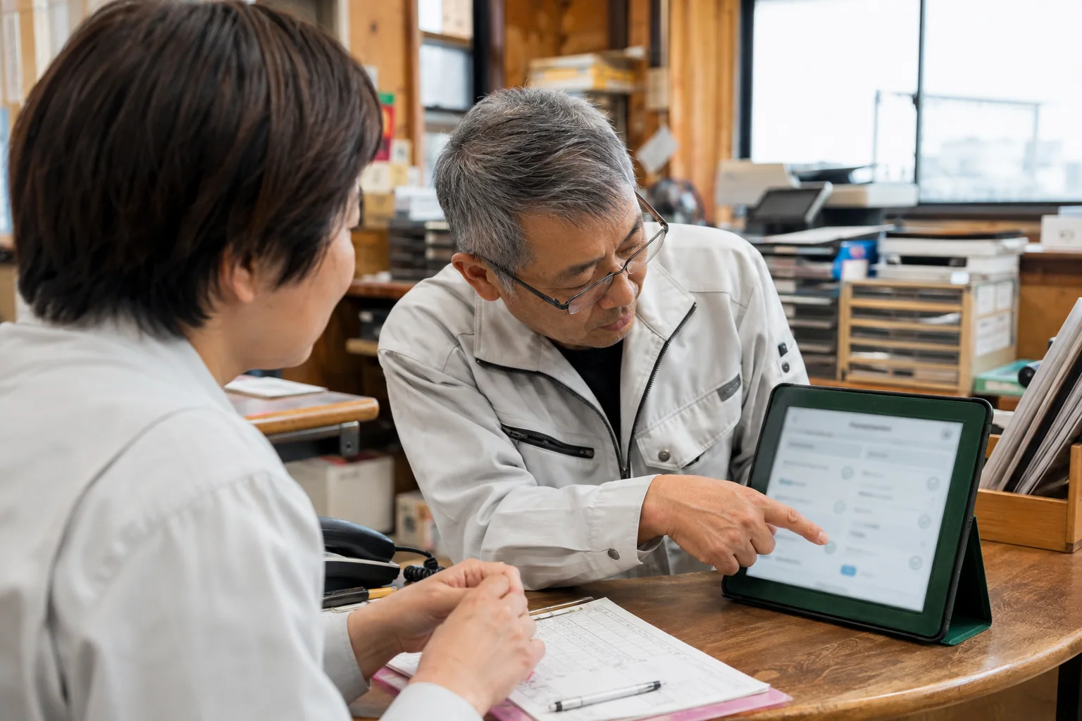 日本の中小企業の作業場で担当者がタブレット入力を小規模に試す様子