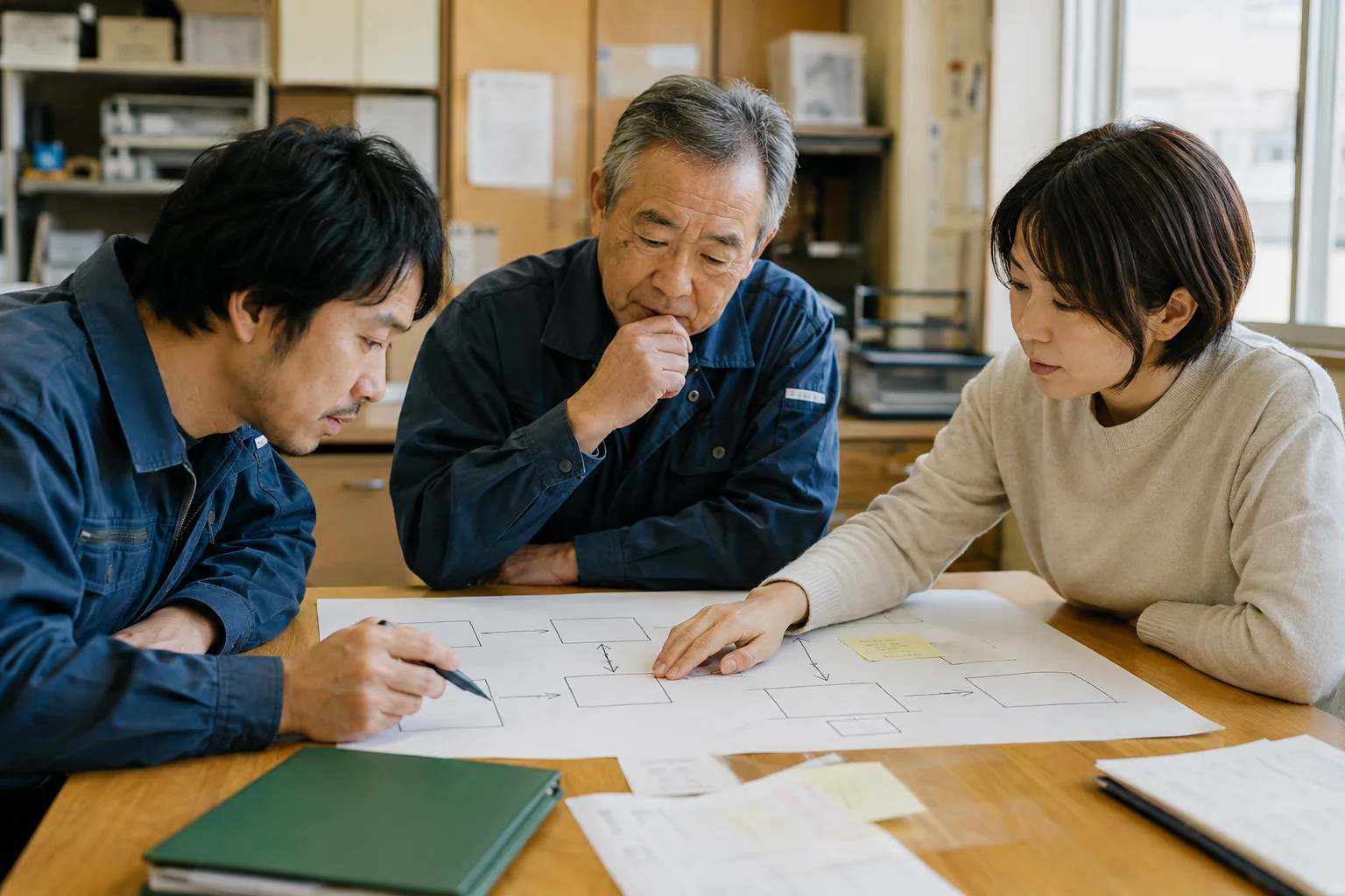 日本の中小企業で経営者と現場担当者が業務の流れを紙に整理する様子