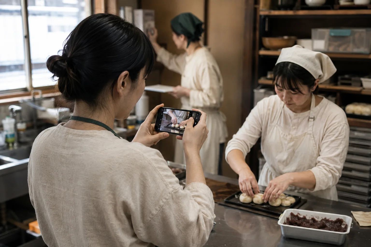 日本の小規模な食品工房でスタッフが仕事の手元をスマートフォンで撮影する様子