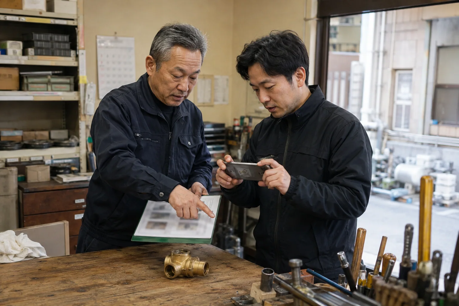 日本の中小企業の作業場で撮影リストとスマートフォンの構図を確認する様子