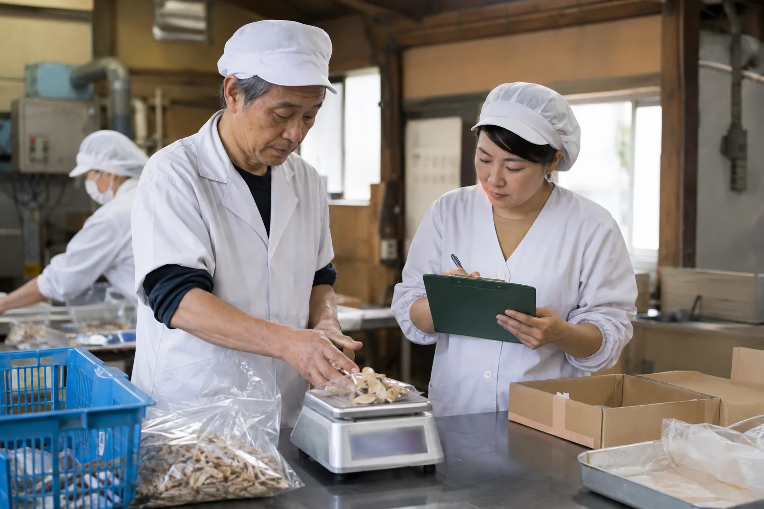 日本の小規模な食品工房で原材料の端材を量り記録する様子