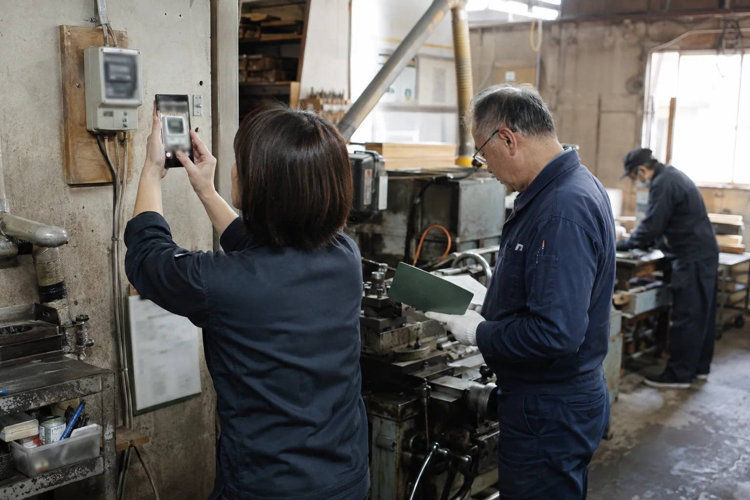 日本の小規模な工場で電力量計を撮影し記録と照合する様子