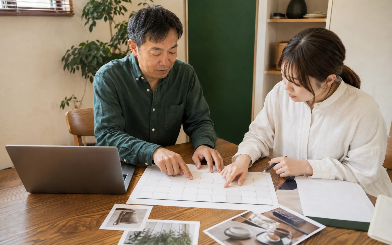 日本の中小企業の経営者と担当者が三か月分の編集カレンダーを見ながら記事の優先順位を相談する様子