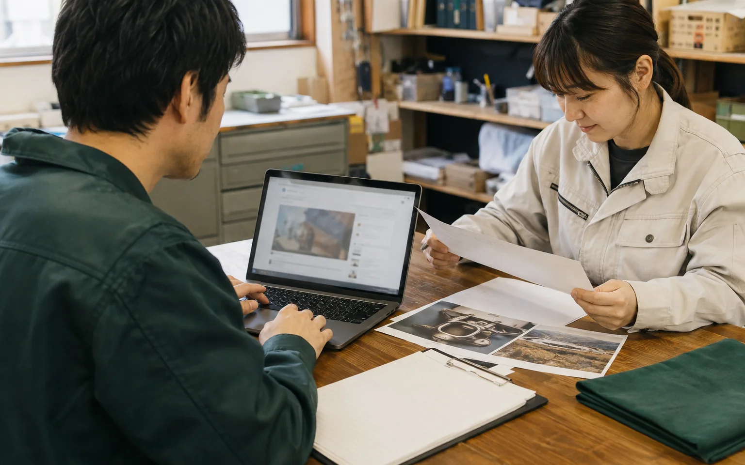 日本の中小企業の担当者二人が公開した記事と確認表を見ながら次の更新内容を相談する様子