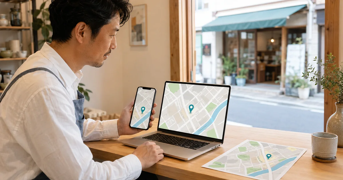 店主がパソコンとスマートフォンで同じ場所の地図表示を確認する様子