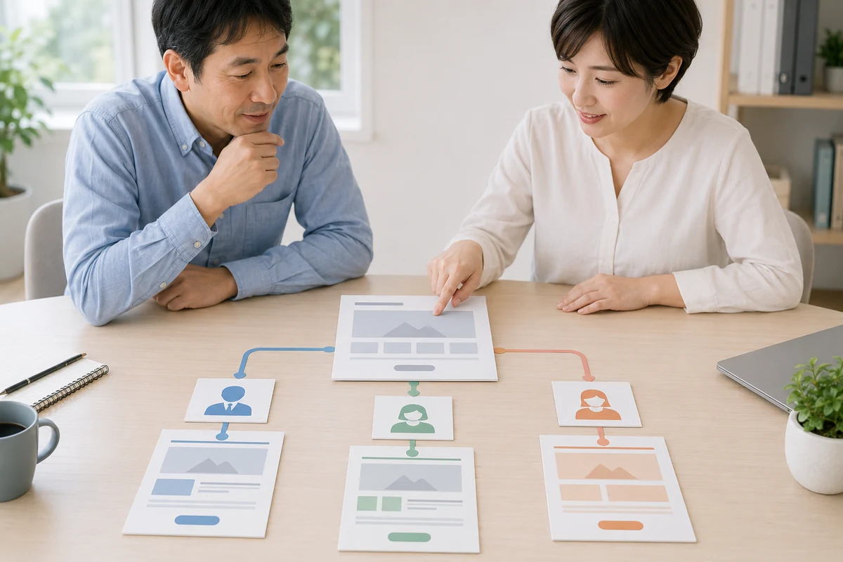 複数の客層をページごとの入口と知りたい情報に分けて整理するイメージ