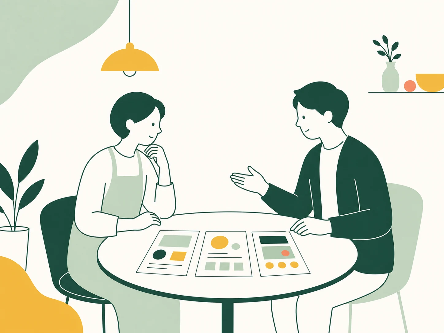 事業の内容やホームページについて相談する二人のイラスト