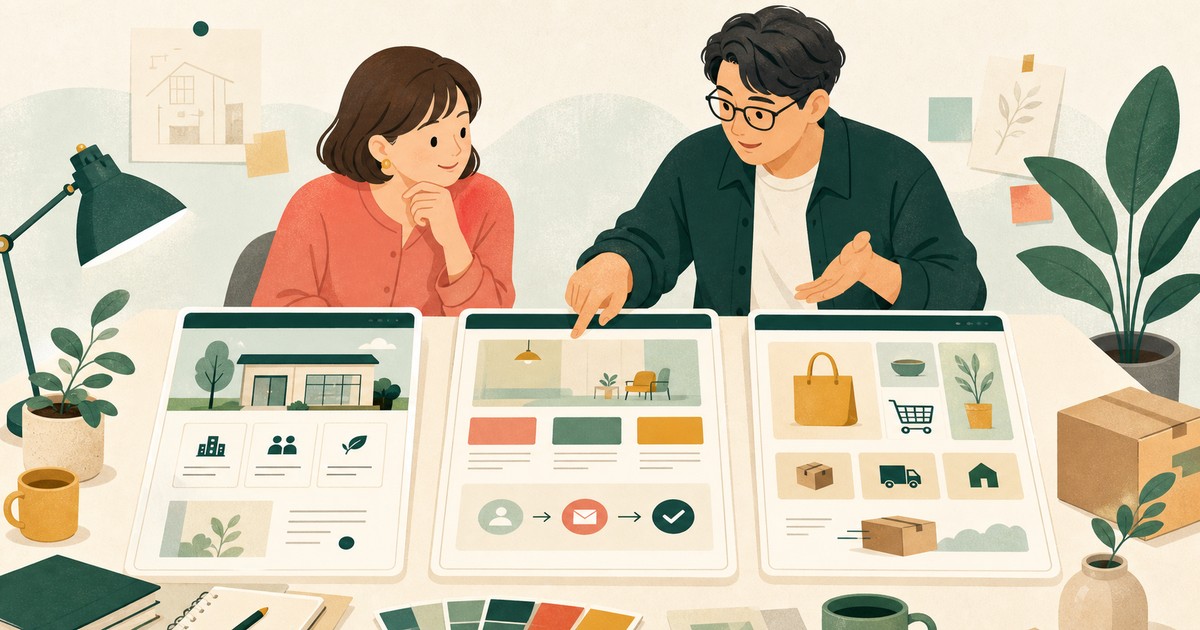 相談者と制作者が、会社案内、オリジナルデザイン、ネット販売の3つのホームページ案を見比べるイラスト