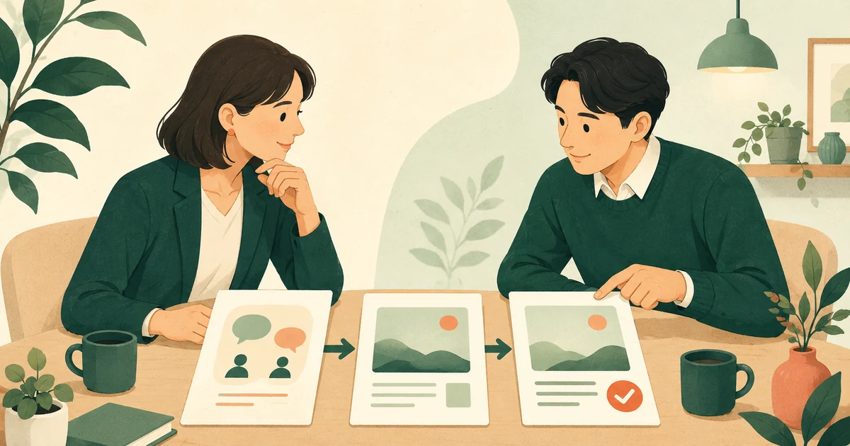 お客様の話を聞き、掲載文を整えて本人確認するために3枚の紙を一緒に確認する様子