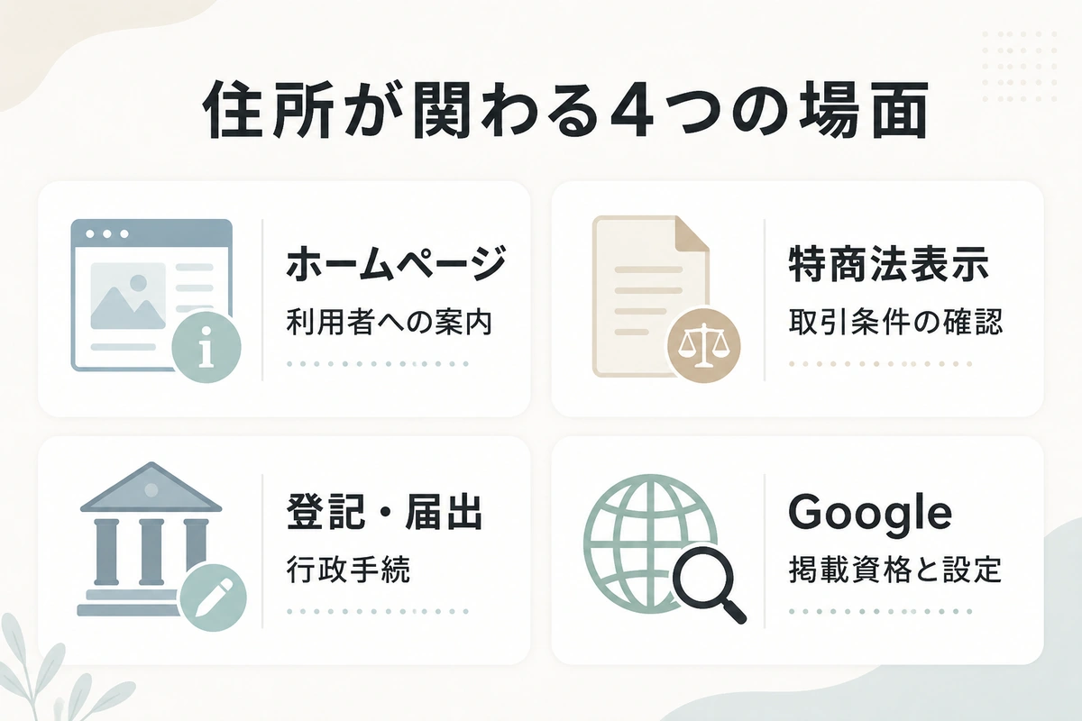 ホームページの事業者情報、特商法表示、登記と届出、Googleビジネスプロフィールの四つを目的と確認先で比較する図