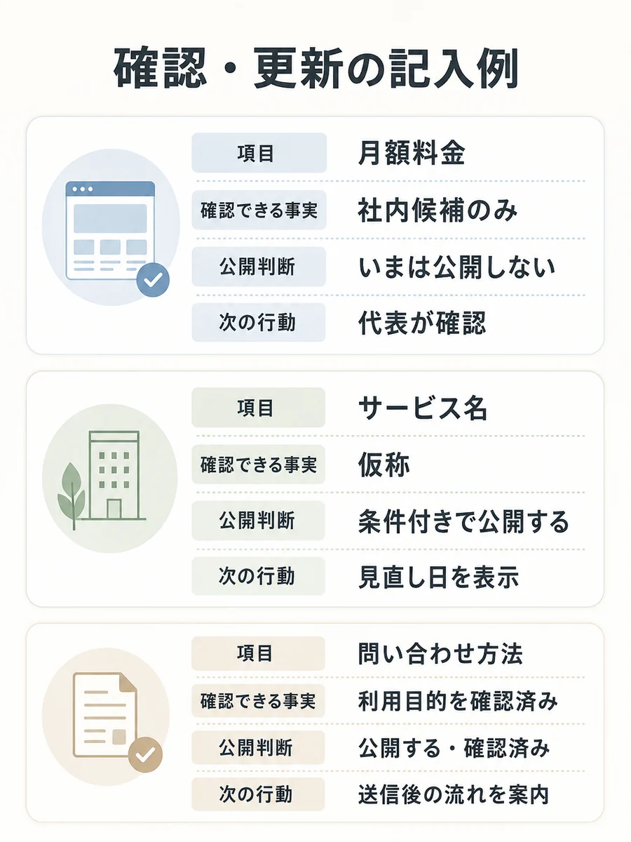 月額料金、サービス名、問い合わせ方法の3項目について、確認できる事実、公開判断、次の行動を縦カードで示す記入例