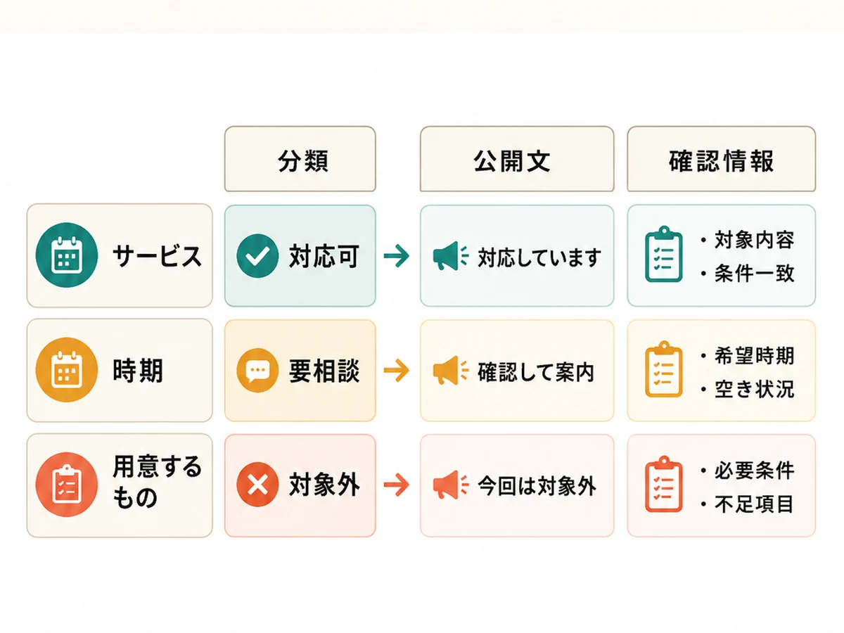 サービス、時期、用意するものを分類から公開文へ変える代表3行の記入例