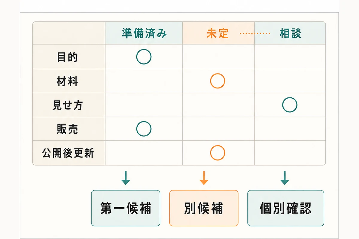 目的、材料、見せ方、販売、公開後更新の5項目を準備済み、未定、相談の3状態に分ける整理図