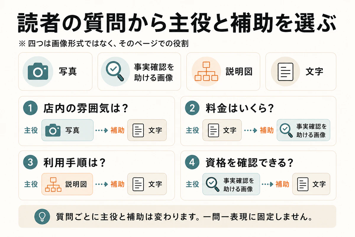 読者の質問ごとに主役と補助の表現を選ぶ整理図