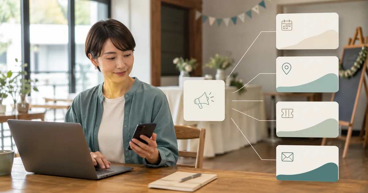 地域イベントの告知内容をパソコンとスマートフォンで確認する主催者