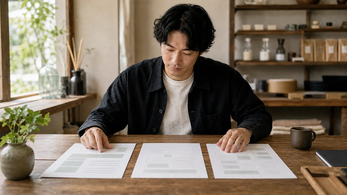 中央の相談メモと左右の2社の返答資料を見比べる人物