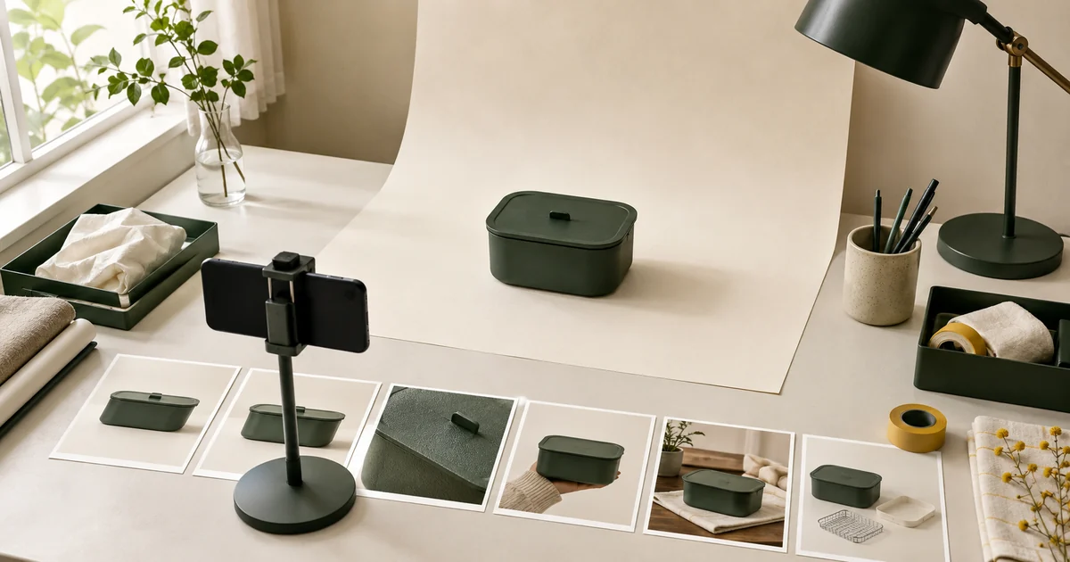 窓光と無地背景でスマホ商品撮影を準備し、必要な写真を並べたイメージ