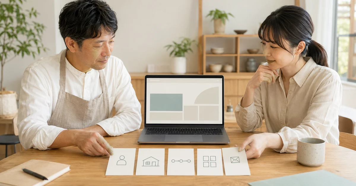 小規模事業者とWeb担当者がホームページへ載せる情報カードを一緒に整理する様子