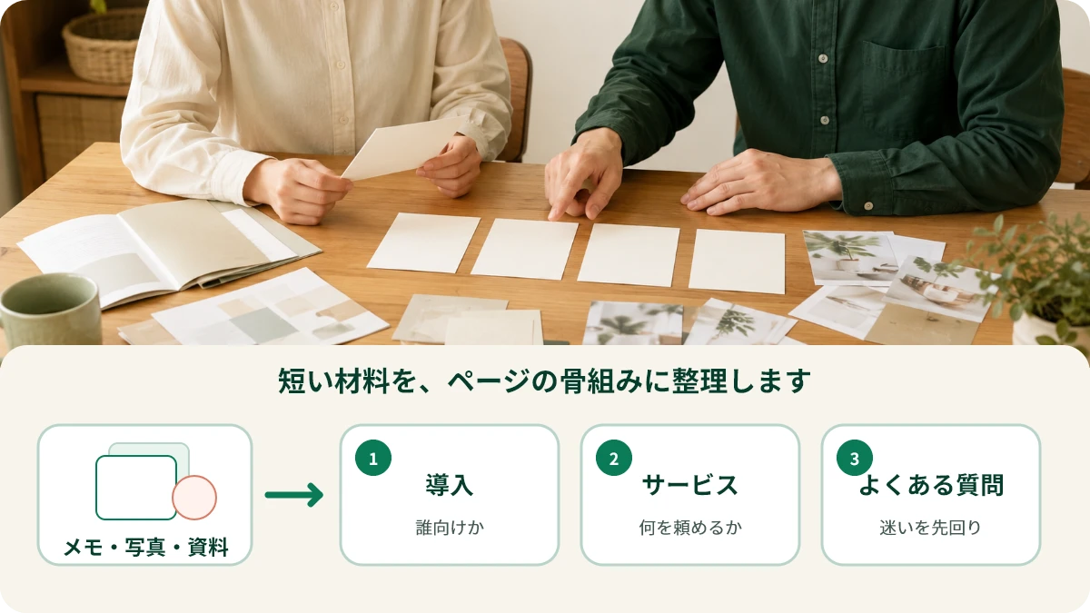 小規模事業者とWeb担当者がメモや資料を導入・サービス・よくある質問へ整理する流れ