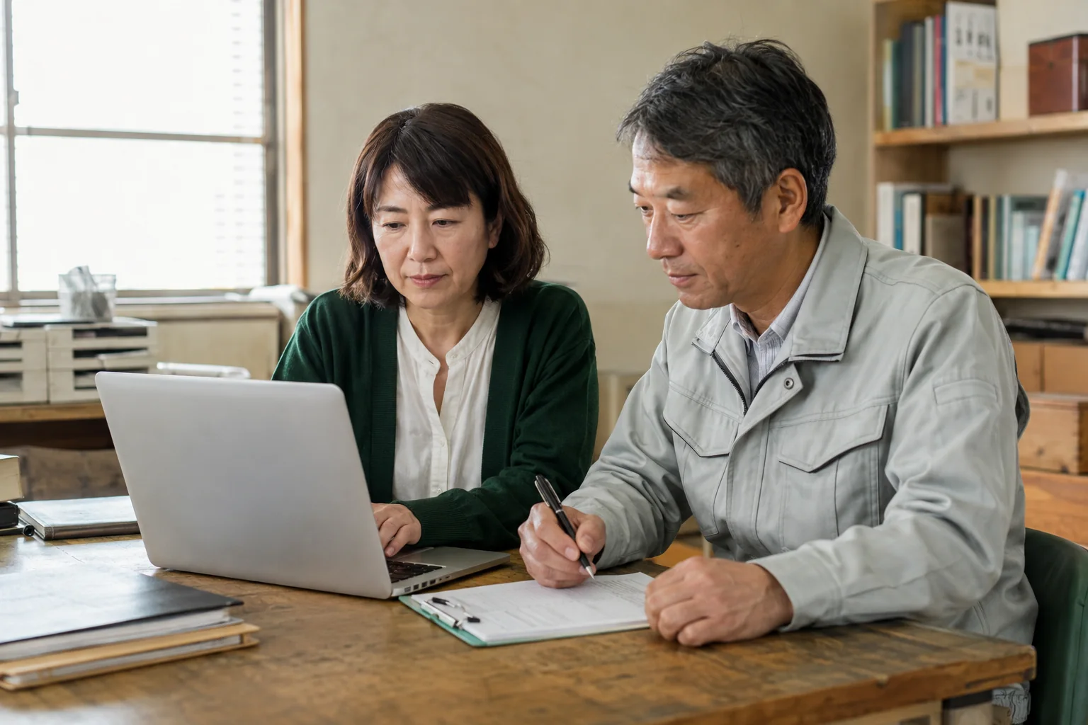 パソコンの受信結果と紙の確認表を見比べる二人の担当者