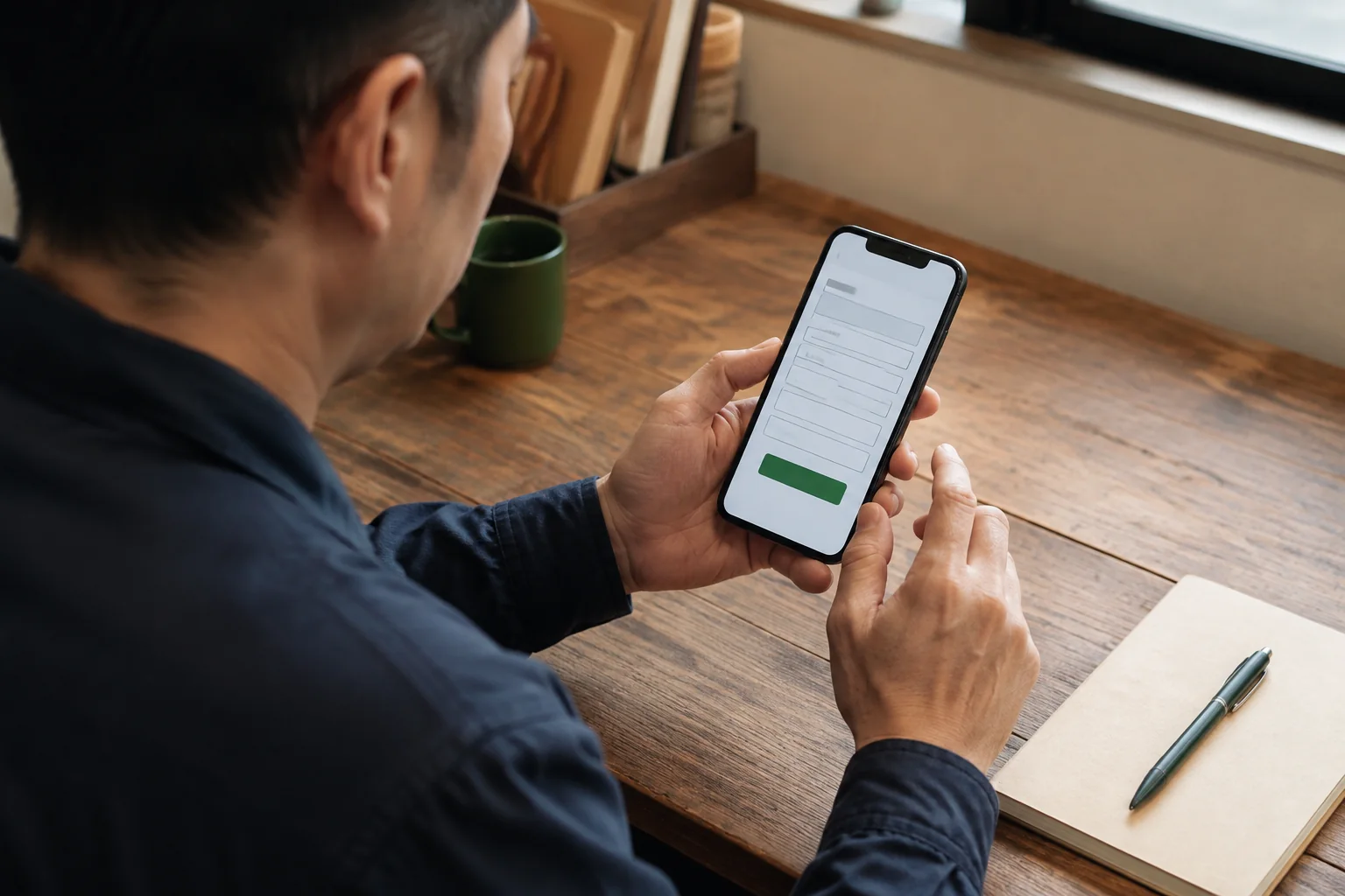 スマートフォンの問い合わせ画面を手元で確認する担当者