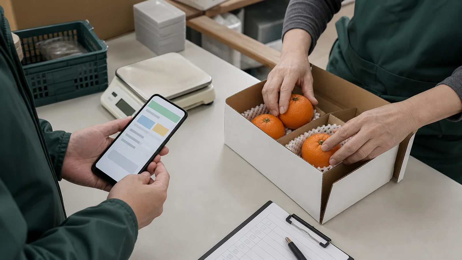 商品と発送資料を見ながら受注後の運営を確認する様子