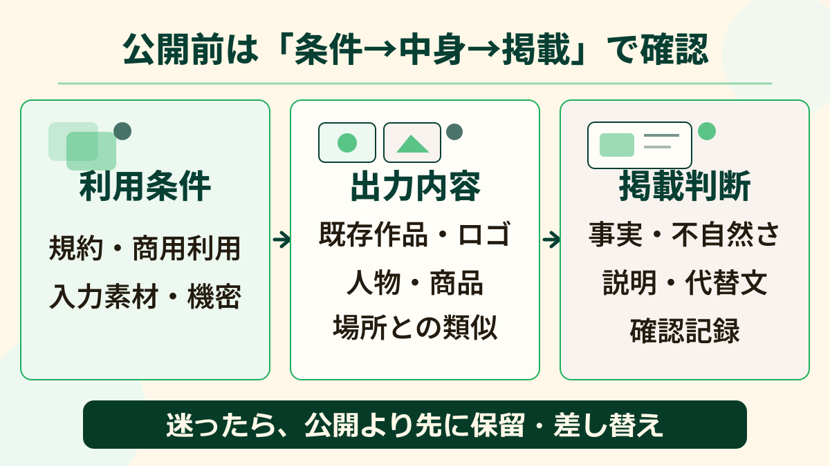 生成AI画像を公開する前に、利用条件、出力内容、掲載判断の3段階で確認する流れ